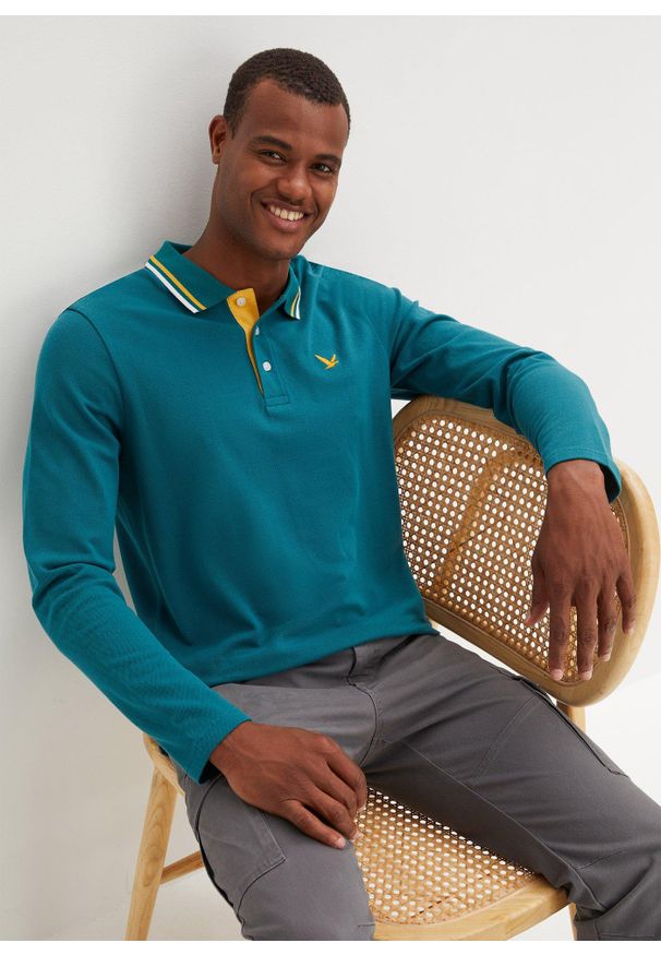 bonprix - Koszulka polo (2 szt.) z czystej bawełny organicznej. Typ kołnierza: polo. Kolor: niebieski. Materiał: bawełna. Długość rękawa: długi rękaw. Długość: długie. Wzór: haft