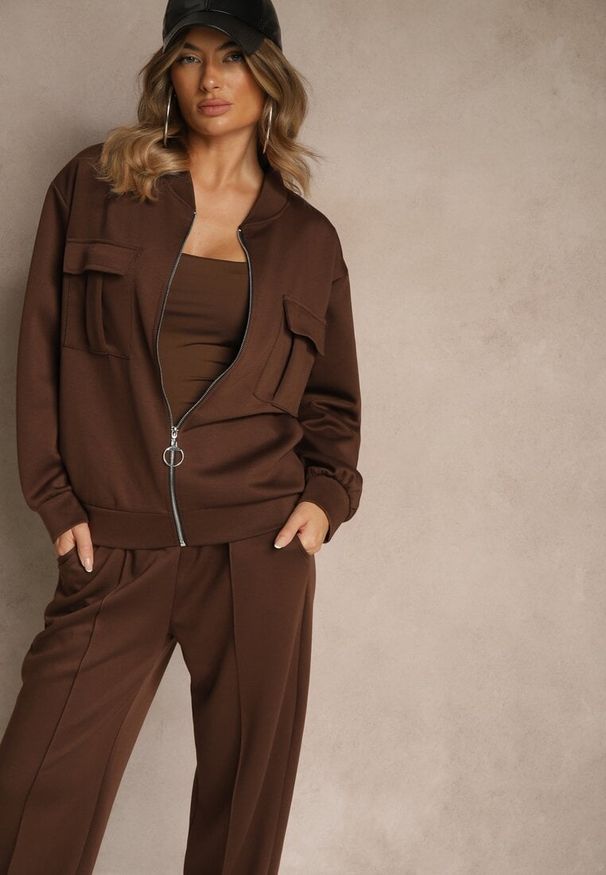 Renee - Brązowy Komplet Dresowy z Bawełny Zasuwana Bluza i Spodnie Teviora. Kolor: brązowy. Materiał: dresówka, bawełna