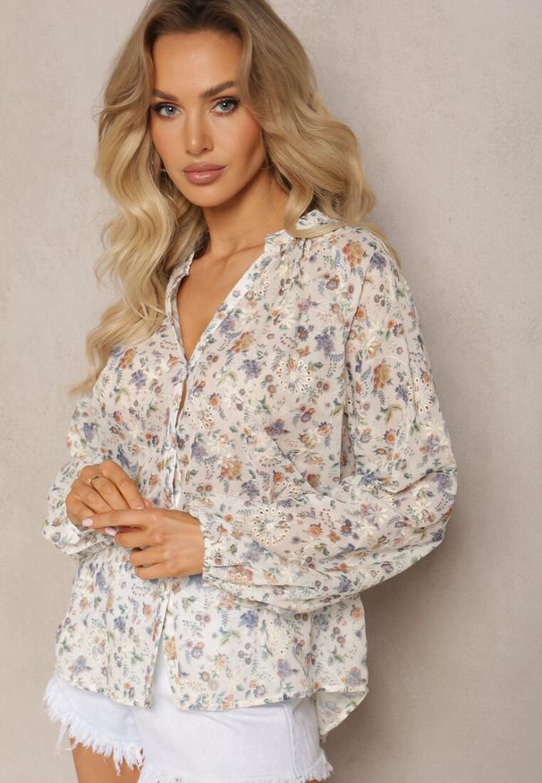 Renee - Beżowa Koszula w Kwiaty ze Stójką Przy Karku Ivaler. Okazja: na co dzień. Typ kołnierza: kołnierzyk stójkowy. Kolor: beżowy. Materiał: jeans. Wzór: kwiaty. Styl: casual