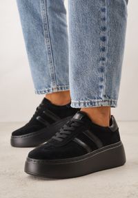 Born2be - Czarne Zamszowe Sneakersy na Grubej Podeszwie ze Skórzaną Wkładką Riovessa. Kolor: czarny. Materiał: zamsz, skóra #1