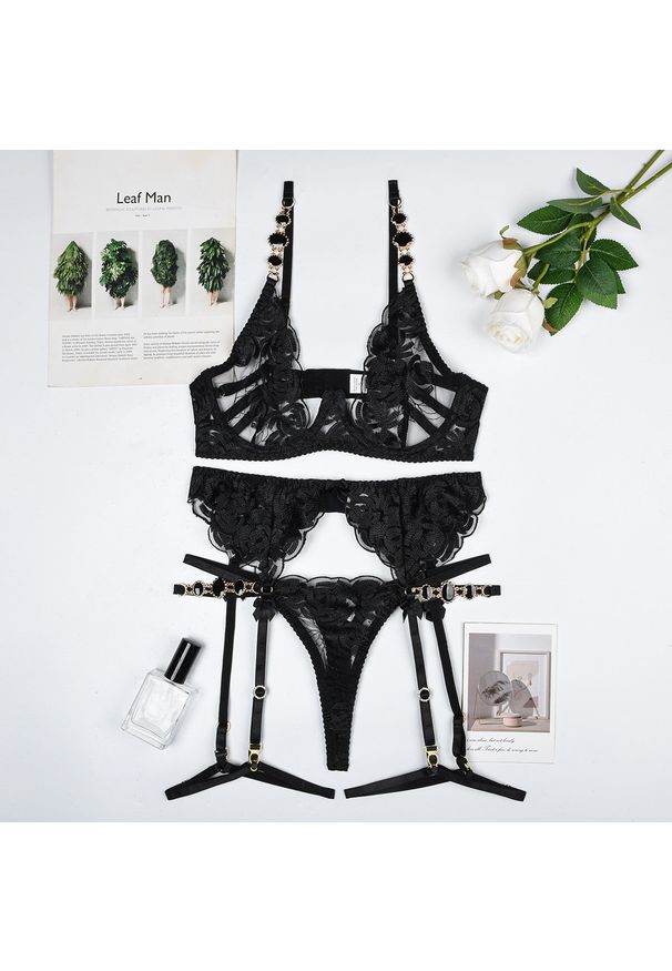 Intica - Komplet bielizny koronkowej w stylu vintage na specjalne okazje Phung. Kolor: czarny. Materiał: koronka. Wzór: aplikacja