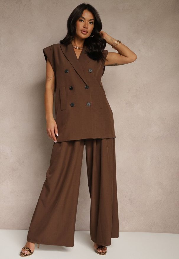 Renee - Brązowe Spodnie Garniturowe o Szerokim Kroju High Waist Peavelle. Stan: podwyższony. Kolor: brązowy. Styl: klasyczny, elegancki