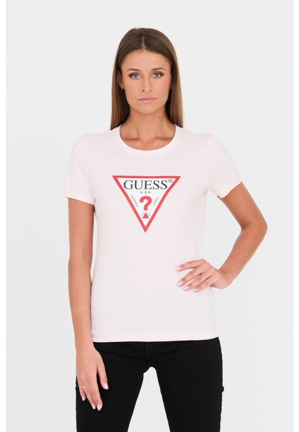 Guess - GUESS Różowy t-shirt Original Tee. Kolor: różowy. Materiał: bawełna