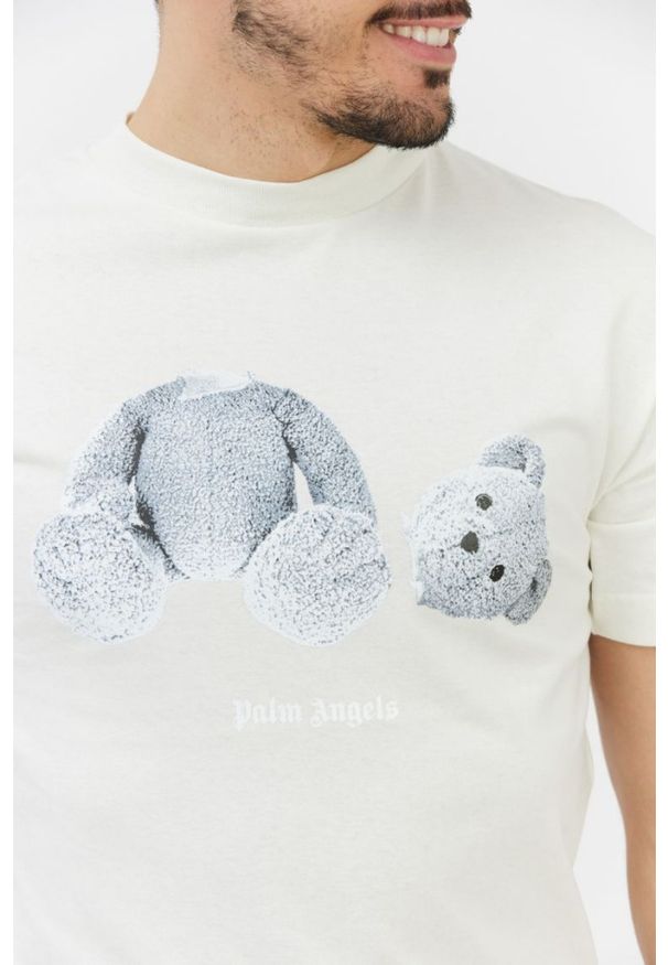 PALM ANGELS Biały t-shirt męski z misiem. Kolor: biały. Materiał: prążkowany. Wzór: nadruk
