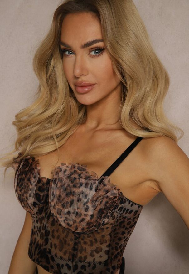 Renee - Brązowy Przezroczysty Gorsetowy Top Panterkowy z Usztywnionymi Miseczkami Temilore. Okazja: na co dzień. Typ kołnierza: dekolt gorset. Kolor: brązowy. Materiał: jeans, tkanina. Długość rękawa: na ramiączkach. Styl: wizytowy, casual