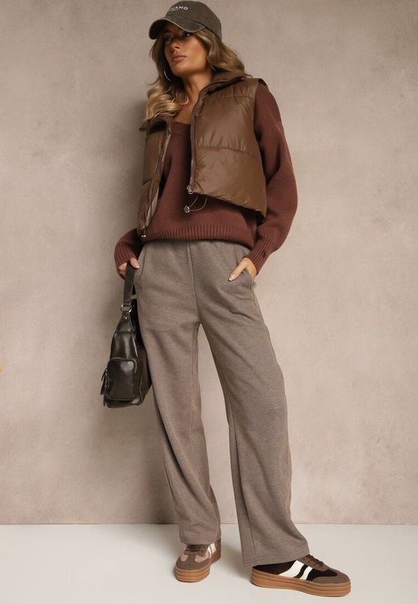 Renee - Brązowe Szerokie Spodnie Ocieplane z Bawełny High Waist Iltilia. Okazja: na co dzień. Stan: podwyższony. Kolor: brązowy. Materiał: bawełna. Styl: casual, elegancki