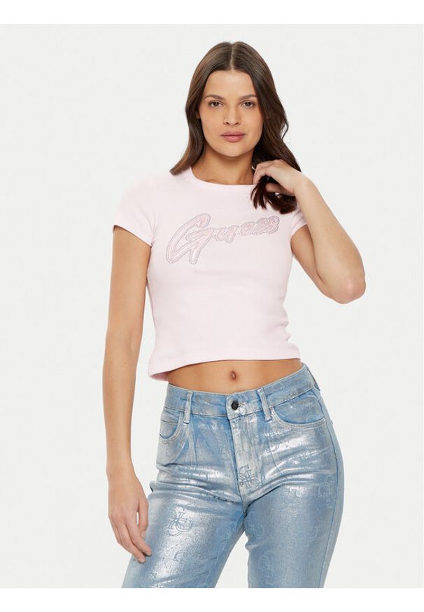 Guess T-Shirt W5RI68KA0H1 Różowy Slim Fit. Kolor: różowy. Materiał: bawełna