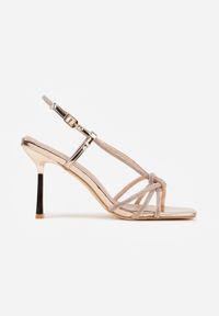Renee - Szampańskie Sandały VIES na Obcasie z Cyrkoniowymi Paseczkami Selvielle. Zapięcie: pasek. Kolor: złoty. Wzór: aplikacja. Obcas: na obcasie. Styl: glamour, elegancki. Wysokość obcasa: średni #2