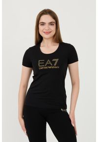 EA7 Emporio Armani - EA7 Czarny damski t-shirt z cyrkoniami, Rozmiar M. Kolor: czarny