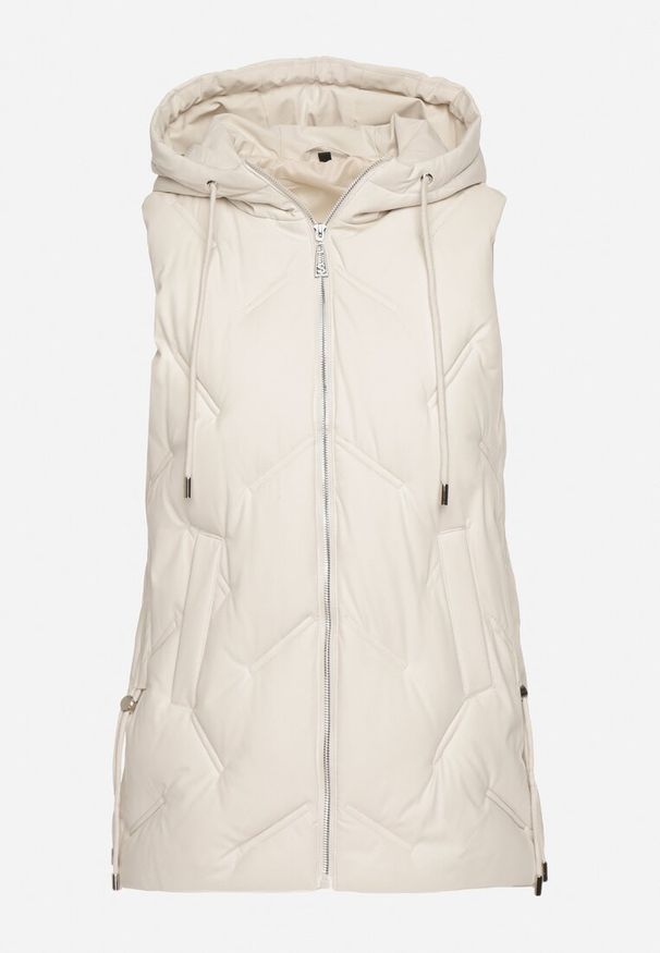 Born2be - Biała Casualowa Kamizelka z Kapturem i Pikowanymi Przeszyciami Caletta. Okazja: na co dzień. Typ kołnierza: kaptur. Kolor: biały. Materiał: jeans. Styl: casual