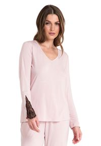 MOE - Wiskozowa bluzka do spania z Koronką - Różowa. Kolor: różowy. Materiał: koronka, wiskoza. Wzór: koronka