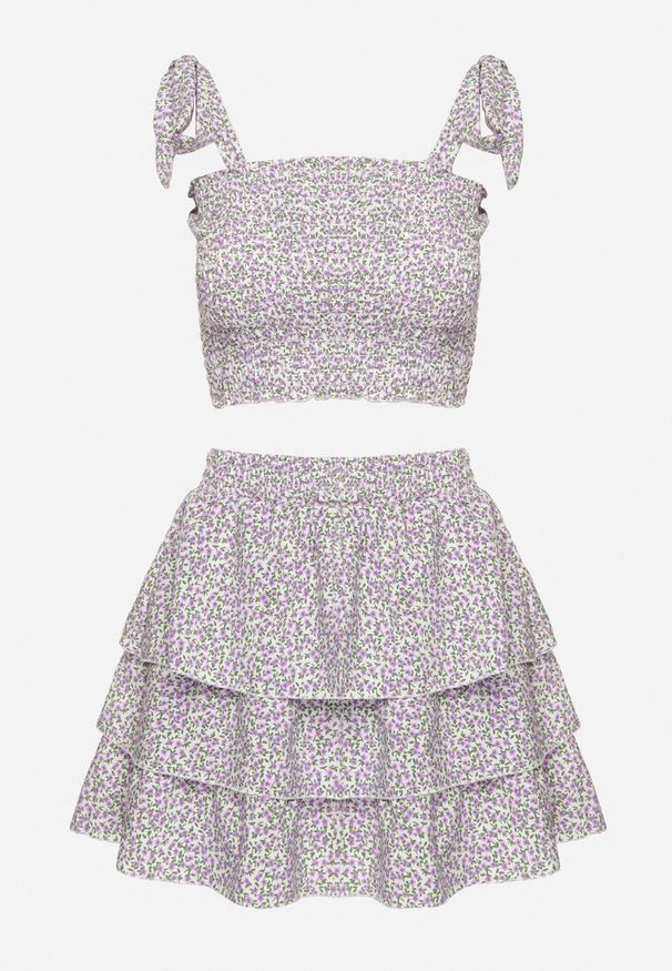 Born2be - Fioletowy Komplet w Kwiaty Elastyczny Top z Wiązaniami i Rozkloszowana Spódniczka Natilana. Kolor: fioletowy. Wzór: kwiaty