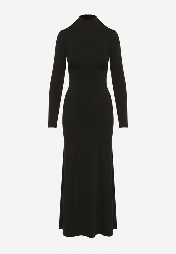 Renee - Czarna Koktajlowa Sukienka z Wiskozą i Półgolfem o Taliowanym Kroju Zozorina. Kolor: czarny. Materiał: wiskoza. Styl: wizytowy. Długość: midi