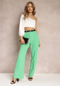 Renee - Zielone Szerokie Spodnie z Wysokim Stanem i Paskiem z Ozdobną Klamrą Lilura. Stan: podwyższony. Kolor: zielony #1