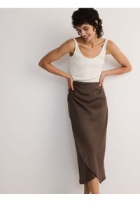 Reserved - Kopertowa spódnica midi z lnu - brązowy. Kolor: brązowy. Materiał: len