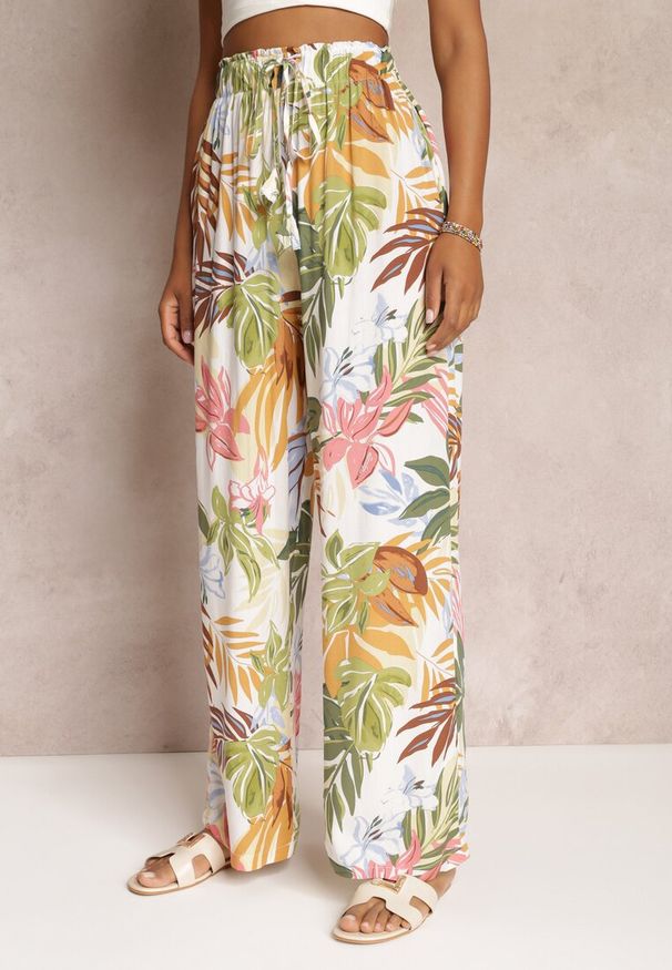 Renee - Białe Szerokie Spodnie w Kwiaty z Gumką w Pasie Alaysa. Kolor: biały. Materiał: wiskoza, tkanina. Wzór: kwiaty