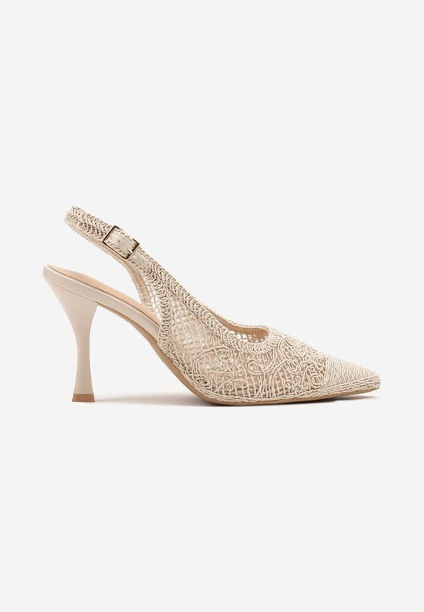 Renee - Beżowe Sandały na Szpilce Typu Slingback Ozdobione Siateczką Aranalia. Okazja: na co dzień. Zapięcie: sprzączka. Kolor: beżowy. Materiał: jeans. Wzór: aplikacja. Obcas: na szpilce. Styl: casual, elegancki