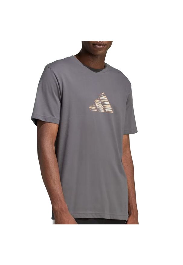 Adidas - Koszulka męska adidas Camo Expolorer Graphic JZ7501 - szara. Kolor: szary. Materiał: bawełna, dzianina. Długość rękawa: krótki rękaw. Długość: krótkie