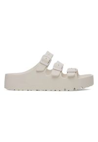 Birkenstock Florida III Flex Platform EVA Eggshell Klapki damskie. Okazja: na spacer, na plażę. Kolor: kremowy. Wzór: paski. Sezon: lato. Obcas: na platformie. Styl: elegancki, wakacyjny, klasyczny