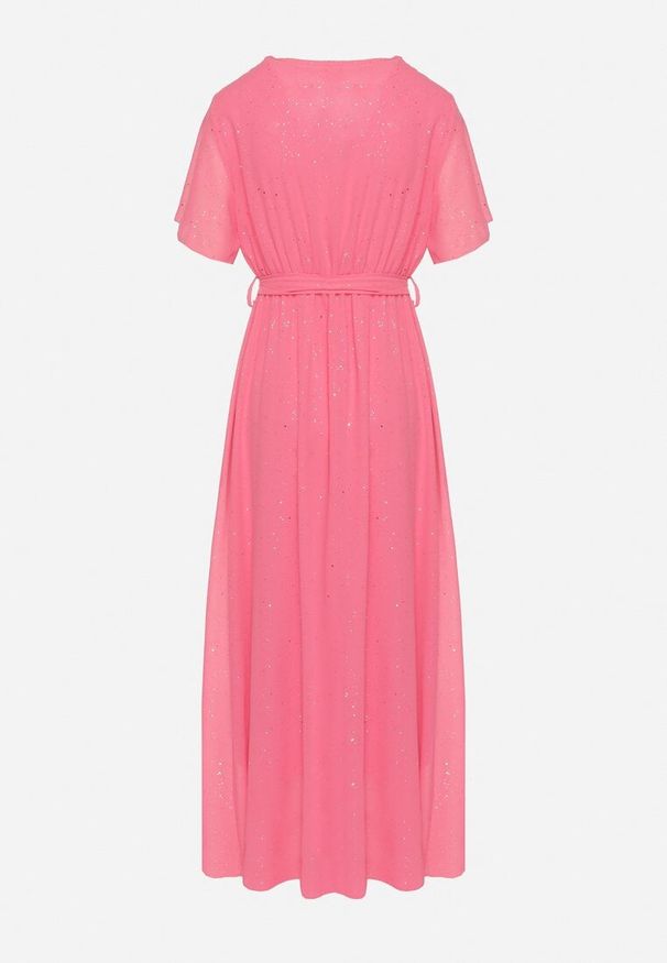 Born2be - Fuksjowa Brokatowa Sukienka Koktajlowa Ozdobiona Paskiem Ziliane. Okazja: na imprezę. Kolor: różowy. Wzór: aplikacja. Styl: wizytowy