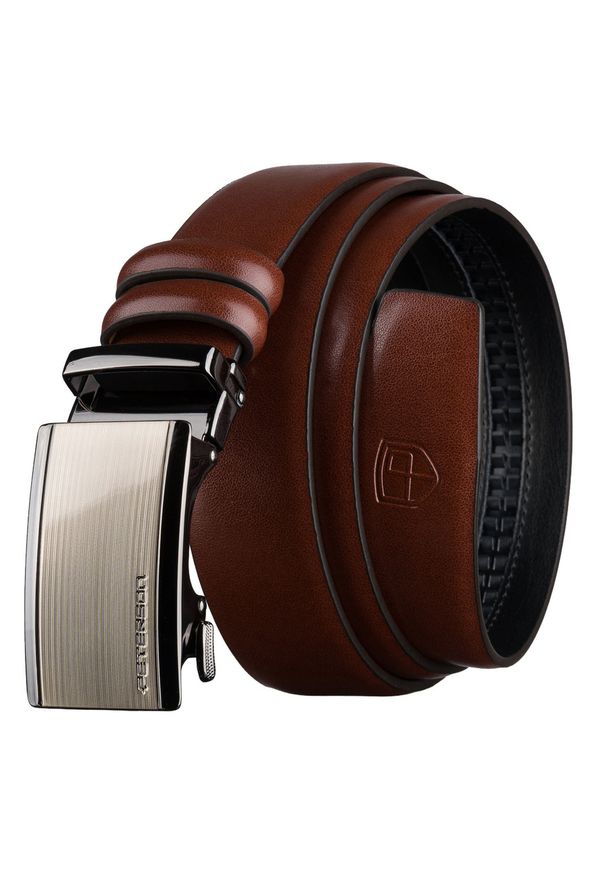 Brązowy pasek męski z automatyczną klamrą wykonany ze skóry naturalnej Peterson PTN A020-AB-BROWN. Kolor: brązowy. Materiał: skóra. Styl: elegancki