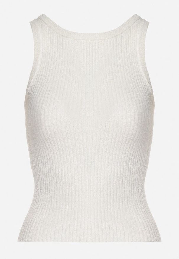 Born2be - Biały Top z Prążkowanego Materiału Ovilora. Okazja: na co dzień, na spacer. Kolor: biały. Materiał: materiał, prążkowany. Styl: casual