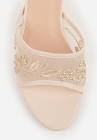 Renee - Beżowe Siateczkowe Klapki na Metalicznej Szpilce z Imitacją Pereł i Haftem w Kwiaty Polia. Kolor: beżowy. Materiał: satyna, tiul. Wzór: haft, kwiaty. Styl: glamour, elegancki #7