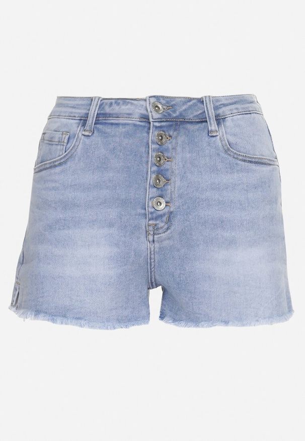 Born2be - Niebieskie Jeansowe Szorty z Wysokim Stanem i Ozdobnymi Guzikami Jeviana. Okazja: na co dzień. Stan: podwyższony. Kolor: niebieski. Materiał: jeans. Długość: krótkie. Sezon: lato. Styl: elegancki, casual