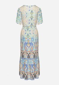 Born2be - Niebieska Wiskozowa Sukienka Boho Zapinana na Guziki z Materiałowym Paskiem w Talii Dimovana. Okazja: na co dzień. Typ kołnierza: dekolt w serek. Kolor: niebieski. Materiał: wiskoza, materiał. Długość rękawa: krótki rękaw. Wzór: aplikacja. Typ sukienki: proste. Styl: boho #4