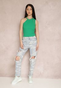 Renee - Zielony Top Metissa. Kolor: zielony. Materiał: jeans, dzianina, prążkowany. Długość rękawa: bez rękawów. Wzór: jednolity, aplikacja