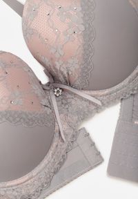 Renee - Szaro-Różowy Biustonosz z Koronką i Cyrkoniami Himelodia. Kolor: szary. Materiał: koronka. Wzór: koronka #7