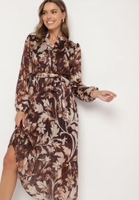 Born2be - Beżowa Rozkloszowana Sukienka z Wiązanym Paskiem i Metaliczną Nicią Nalirina. Okazja: na co dzień. Typ kołnierza: dekolt w kształcie V. Kolor: beżowy. Materiał: elastan, wiskoza. Wzór: aplikacja. Typ sukienki: rozkloszowane, proste. Styl: klasyczny, casual, elegancki #5
