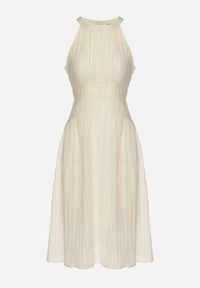 Born2be - Jasnobeżowa Rozkloszowana Sukienka z Tłoczonej Tkaniny z Wiązaniem z Tyłu Nimioretta. Okazja: na ślub cywilny, na imprezę, na wesele. Kolor: beżowy. Materiał: tkanina. Wzór: aplikacja. Typ sukienki: rozkloszowane. Styl: elegancki #4