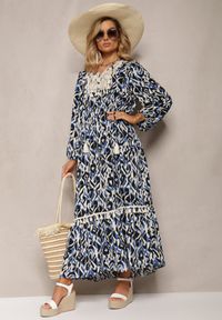 Renee - Granatowo-Niebieska Sukienka Rozkloszowana Maxi z Falbanką Maruerilla. Kolor: niebieski. Materiał: tkanina. Długość: maxi #4