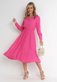 Born2be - Fuksjowa Koszulowa Sukienka z Plisowanym Dołem i Paskiem Tesika. Kolor: różowy. Materiał: materiał. Typ sukienki: koszulowe. Styl: elegancki #4