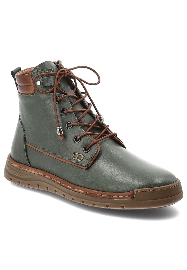Zielone Trzewiki Artiker Modne Obuwie Damskie. Okazja: na co dzień. Zapięcie: sznurówki. Kolor: zielony. Materiał: skóra. Styl: klasyczny, casual, elegancki, sportowy