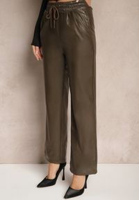 Renee - Brązowe Szerokie Spodnie High Waist z Imitacji Skóry Narlemi. Okazja: na co dzień. Stan: podwyższony. Kolor: brązowy. Materiał: skóra. Styl: elegancki, casual #4