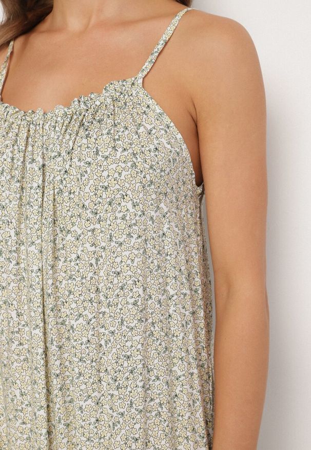 Born2be - Beżowa Rozkloszowana Sukienka z Bawełny w Kwiatowy Wzór Nilaretia. Okazja: na co dzień. Kolor: beżowy. Materiał: bawełna. Długość rękawa: na ramiączkach. Wzór: kwiaty. Sezon: lato. Typ sukienki: rozkloszowane. Styl: casual