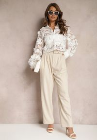 Renee - Beżowe Spodnie High Waist w Stylu Garniturowym z Paskami i Klamerkami Daklena. Stan: podwyższony. Kolor: beżowy. Styl: elegancki