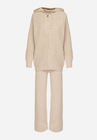 Born2be - Beżowy Komplet z Wełną i Bawełną Szerokie Spodnie i Rozpinana Bluzka z Kapturem Reikania. Kolor: beżowy. Materiał: wełna, bawełna #5