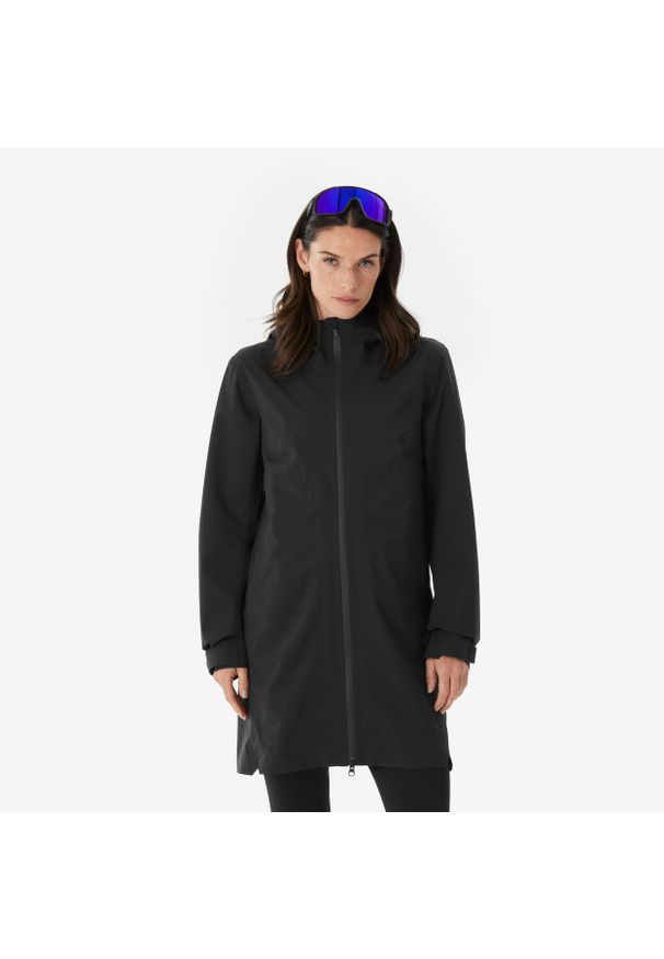 quechua - Kurtka turystyczna damska długa Quechua MH100. Kolor: czarny. Materiał: poliester, materiał. Długość: długie. Sport: turystyka piesza