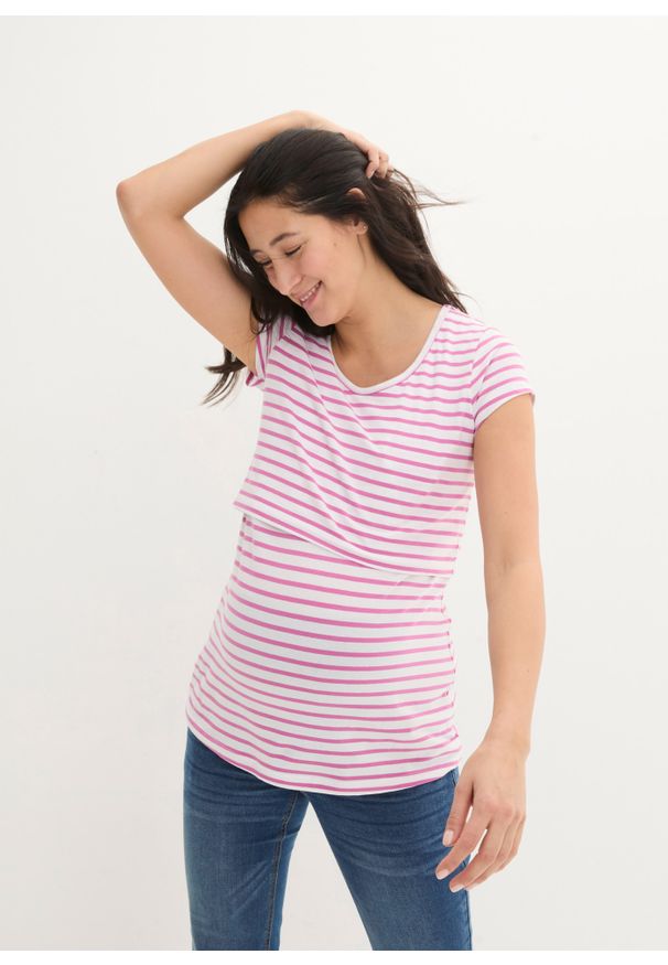 bonprix - Shirt ciążowy i do karmienia, z bawełny. Kolekcja: moda ciążowa. Kolor: różowy. Materiał: bawełna. Wzór: paski. Styl: klasyczny