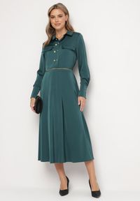 Born2be - Zielona Rozkloszowana Sukienka o Koszulowym Kroju z Imitacją Kieszeni i Gumką w Talii Rizza. Okazja: na co dzień. Kolor: zielony. Typ sukienki: koszulowe. Styl: casual, elegancki, klasyczny, wizytowy #6