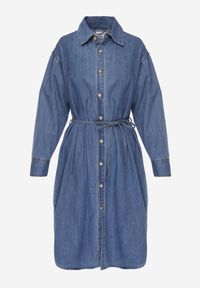Born2be - Niebieska Koszulowa Sukienka Jeansowa z Bawełną Ozdobiona Paskiem Carenatesa. Okazja: na co dzień. Kolor: niebieski. Materiał: bawełna, jeans. Wzór: aplikacja. Typ sukienki: koszulowe. Styl: casual, klasyczny #2