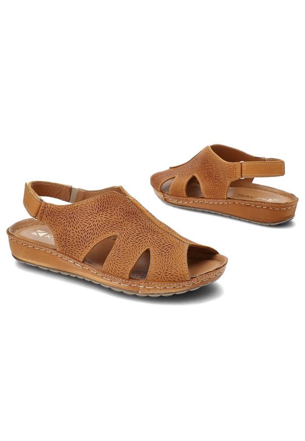 Pomarańczowe Sandały Kampa Wygodne Skórzane Buty Na Lato. Okazja: na spacer. Zapięcie: pasek. Kolor: pomarańczowy. Materiał: skóra. Wzór: aplikacja, ażurowy. Sezon: lato. Styl: elegancki