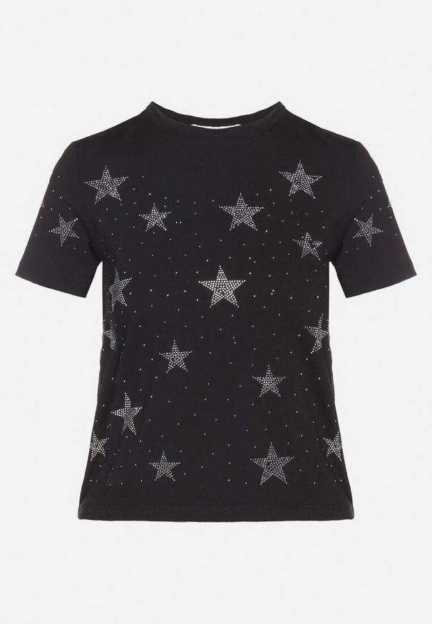 Born2be - Czarny Bawełniany T-shirt z Cyrkoniowymi Aplikacjami w Gwiazdki Tenivella. Okazja: na spotkanie biznesowe, do pracy, na co dzień. Kolor: czarny. Materiał: bawełna. Wzór: aplikacja. Styl: biznesowy, elegancki, casual