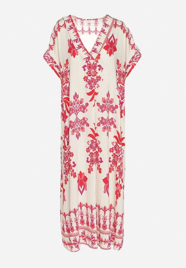 Born2be - Czerwona Sukienka z Lnem o Pudełkowym Kroju z Dekoltem w Serek Iffire. Okazja: na co dzień, do pracy, na spotkanie biznesowe. Typ kołnierza: dekolt w serek. Kolor: czerwony. Materiał: len. Długość rękawa: krótki rękaw. Styl: biznesowy, casual, elegancki