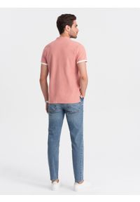 Ombre Clothing - Męska koszulka polo bez kołnierzyka - różowa V7 OM-TSCT-0156 - XXL. Typ kołnierza: bez kołnierzyka, polo. Kolor: różowy. Materiał: bawełna. Długość: długie #3