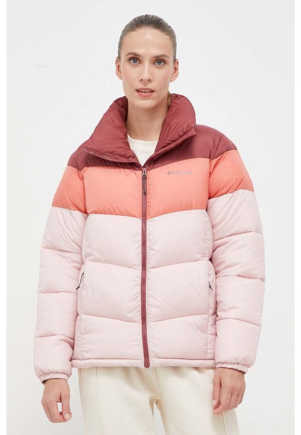 columbia - Columbia kurtka Puffect Color Block Jkt damska kolor różowy zimowa 1955101. Kolor: różowy. Materiał: tkanina, syntetyk, materiał, puch. Wzór: ze splotem. Sezon: zima