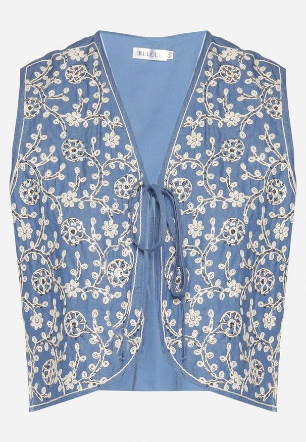 Born2be - Niebieska Bawełniana Kamizelka z Wiązaniem Ozdobiona Kwiatowym Haftem Lisavienna. Okazja: na co dzień. Kolor: niebieski. Materiał: bawełna. Wzór: aplikacja, kwiaty, haft. Styl: elegancki, casual